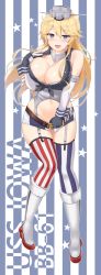 Rule 34 | 10s, 1girl, american flag, american flag legwear, asymmetrical legwear, blonde hair, blue eyes, breasts, cleavage, elbow gloves, female focus, fingerless gloves, flag print, front-tie top, full body, garter straps, gloves, hair between eyes, headgear, iowa (kancolle), kantai collection, large breasts, long hair, looking at viewer, miniskirt, mismatched legwear, no panties, sama samasa, shoes, skirt, skirt tug, solo, standing, star-shaped pupils, star (symbol), striped clothes, striped thighhighs, symbol-shaped pupils, thighhighs, vertical-striped clothes, vertical-striped thighhighs, white background