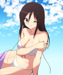 Rule 34 | 1girl, ;), arm support, bikini, black hair, blue eyes, blue sky, breasts, cleavage, closed mouth, cloud, cloudy sky, commentary, covering privates, day, front-tie bikini top, front-tie top, girls und panzer, leaning to the side, long hair, looking at viewer, megumi (girls und panzer), nanjou satoshi, one eye closed, outdoors, sitting, sky, smile, solo, swept bangs, swimsuit, yokozuwari