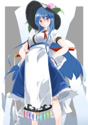 Rule 34 | 1girl, black hat, blue hair, blue skirt, food, from below, fruit, hands on own hips, hat, highres, hinanawi tenshi, holding, holding sword, holding weapon, long hair, mr. pepe r, peach, puffy short sleeves, puffy sleeves, rainbow order, short sleeves, skirt, solo, standing, sword, sword of hisou, touhou, weapon