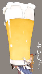 Rule 34 | 1girl, alcohol, beer, blouse, cup, drinking glass, drooling, drunk, female focus, grey background, highres, ibuki suika, mieharu, mini person, minigirl, oversized object, shirt, simple background, solo, spill, standing, standing on one leg, torn clothes, torn sleeves, touhou, white shirt