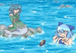 Rule 34 | 3girls, absurdres, asphyxiation, bittersweetwomb, blue eyes, blue hair, bowl, cirno, crying, dress, drowning, glint, green dress, hair ribbon, happy, highres, japanese clothes, kimono, mermaid, monster girl, multiple girls, needle, ocean, partially submerged, ribbon, rock, seaweed, short hair, smile, sukuna shinmyoumaru, swimsuit, touhou, wakasagihime, water, waves, worried