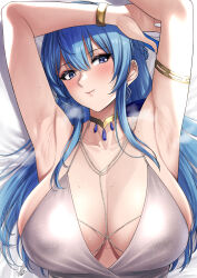 Rule 34 | 1girl, armlet, armpits, arms up, bed sheet, blue eyes, blue hair, blush, bracelet, braid, breasts, earrings, french braid, goddess of victory: nikke, gold, helm (chandelier) (nikke), helm (nikke), highres, jewelry, large breasts, long hair, looking at viewer, lying, necklace, on back, presenting armpit, signature, solo, sweat, upper body, xter