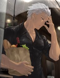 Rule 34 | 1boy, archer (fate), baguette, black shirt, blouse, bottle, bread, brown eyes, collared shirt, commentary, dark-skinned male, dark skin, dress shirt, fate/stay night, fate (series), food, from below, from side, grey hair, hand up, highres, holding, holding food, light, male focus, mondi hl, night, outdoors, parted lips, rain, shirt, short hair, solo, symbol-only commentary, transparent, transparent umbrella, twitter username, umbrella, upper body, wet, wet clothes, wet shirt, wine bottle