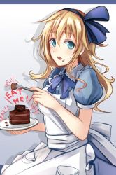 Rule 34 | 1girl, alice (alice in wonderland), alice in wonderland, apron, aqua eyes, blonde hair, blue bow, blue bowtie, blue ribbon, blush, bow, bowtie, cake, chocolate cake, english text, food, food on face, fork, hair ribbon, long hair, looking at viewer, maid apron, nakaichi (ridil), open mouth, original, puffy short sleeves, puffy sleeves, ribbon, short sleeves, solo, sweat, upper body