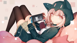Rule 34 | 1girl, animal ears, animal hood, between breasts, bison cangshu, blush, breasts, brown eyes, brown skirt, brown thighhighs, cat ears, cat hood, closed mouth, commentary request, danganronpa: trigger happy havoc, danganronpa (series), danganronpa 2: goodbye despair, food in mouth, green jacket, green necktie, hair ornament, handheld game console, hands up, highres, holding, holding handheld game console, hood, hood up, hooded jacket, jacket, light brown hair, long sleeves, looking at viewer, looking to the side, lying, medium breasts, monokuma, mouth hold, nanami chiaki, necktie, necktie between breasts, nintendo switch, on back, pleated skirt, shirt, skirt, sleeves past wrists, solo, thighhighs, white shirt