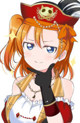 Rule 34 | 1girl, absurdres, birthday, black gloves, blue eyes, breasts, cleavage, commentary request, gloves, hat, highres, jewelry, kosaka honoka, looking at viewer, love live!, love live! school idol festival, love live! school idol project, medium breasts, necklace, one side up, orange hair, pirate, pirate costume, pirate hat, short hair, smirk, smug, solo, upper body, wewe
