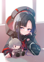 Rule 34 | 1girl, arm support, asymmetrical bangs, beret, black gloves, black hair, black jacket, black serafuku, character doll, closed mouth, colored inner hair, commander (nikke), eunhwa (nikke), fingerless gloves, forehead, frown, fummy, gloves, goddess of victory: nikke, hand on own cheek, hand on own face, hat, hood, hood down, hooded jacket, jacket, long hair, mole, mole under mouth, multicolored hair, neckerchief, purple eyes, purple hair, red jacket, red neckerchief, school uniform, serafuku, solo, two-sided fabric, two-sided jacket