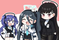Rule 34 | 3girls, ^ ^, absurdly long hair, aris (blue archive), black hair, black vest, blue archive, blue necktie, chibi, closed eyes, halo, headpat, id card, jacket, long hair, mechanical halo, multiple girls, necktie, no mouth, off shoulder, one side up, open clothes, open jacket, pantyhose, purple eyes, purple hair, rio (blue archive), sashu (thershr6s), school uniform, smile, sweat, twintails, very long hair, vest, yuuka (blue archive)