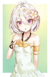Rule 34 | 1girl, :o, absurdres, alternate costume, antenna hair, arm behind back, bare shoulders, blush, breasts, collarbone, commentary request, covered navel, flower, gradient background, green background, hair between eyes, hair flower, hair ornament, highres, kian, kokkoro (princess connect!), kokkoro (summer) (princess connect!), looking at viewer, one-piece swimsuit, outside border, pink eyes, pink flower, pointy ears, princess connect!, short hair, silver hair, small breasts, solo, swimsuit, white flower, white one-piece swimsuit