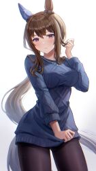 Rule 34 | 1girl, admire vega (umamusume), animal ears, black pantyhose, blue sweater, brown hair, casual, ear covers, hair ribbon, highres, horse ears, horse girl, jewelry, long hair, long sleeves, looking at viewer, low ponytail, necklace, pantyhose, purple eyes, ribbon, simple background, single ear cover, solo, sweater, umamusume, white background, white ribbon, yoimoriyoru
