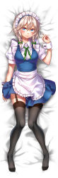 Rule 34 | 1girl, absurdres, apron, bed sheet, black thighhighs, blue dress, blue eyes, blush, bow, braid, breasts, clenched hand, commentary request, dakimakura (medium), dress, frilled apron, frills, full body, garter straps, green bow, green ribbon, hair between eyes, hair bow, hand up, highres, izayoi sakuya, looking at viewer, lying, maid, maid apron, maid headdress, medium breasts, neck ribbon, no shoes, nora wanko, on back, puffy short sleeves, puffy sleeves, ribbon, shirt, short dress, short hair, short sleeves, silver hair, smile, solo, thighhighs, thighs, touhou, twin braids, waist apron, white apron, white shirt, wrist cuffs