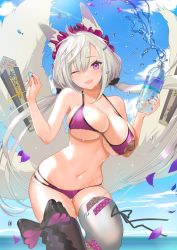 Rule 34 | 1girl, ;d, absurdres, animal ear fluff, animal ears, asymmetrical legwear, bare arms, bare shoulders, bikini, black thighhighs, bottle, breasts, cleavage, fox ears, fox girl, fox tail, grey thighhighs, hair ornament, halterneck, headdress, highres, holding, kitsune, large breasts, long hair, looking at viewer, low twintails, mismatched legwear, mole, mole on breast, multi-strapped bikini, multiple tails, nanam (nanam sk), navel, one eye closed, open mouth, original, outdoors, purple bikini, purple eyes, silver hair, skindentation, smile, solo, stomach, string bikini, swimsuit, tail, thighhighs, thighs, twintails, very long hair, water, water bottle, wet