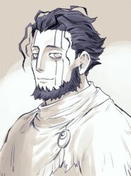 Rule 34 | 1boy, aquiline nose, bags under eyes, bara, beard, facial hair, facial mark, foxvulpine, looking at viewer, made in abyss, male focus, mature male, messy hair, monochrome, scar, scar on face, short hair, sideburns, solo, upper body, wazukyan (human)