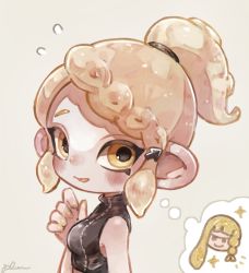 Rule 34 | 1girl, agent 8 (splatoon), bare shoulders, blonde hair, blush, braid, breasts, colored tongue, crop top, flying sweatdrops, hand up, highres, inkling, inkling girl, inkling player character, medium breasts, nintendo, octoling, octoling girl, octoling player character, open mouth, plum0o0, ponytail, short hair, sleeveless, smile, sparkle, splatoon (series), splatoon 2, splatoon 2: octo expansion, splatoon 3, squidbeak splatoon, tentacle hair, thought bubble, upper body, yellow eyes, yellow tongue