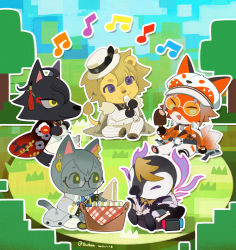 Rule 34 | 5boys, :3, ^ ^, ahoge, animal crossing, animal ears, belt, black gloves, blonde hair, blue eyes, bone, brown hair, buttons, cat ears, cat tail, chinese commentary, closed eyes, coat, commentary request, crossover, dated, earrings, eromkk, eyeshadow, flute, food, fox ears, fox tail, full body, furrification, furry, furry male, glasses, gloves, green eyes, grey coat, highres, holding, holding food, holding instrument, ice cream, ike eveland, ike eveland (1st costume), instrument, jacket, jewelry, lion ears, lion tail, looking at another, luca kaneshiro, luca kaneshiro (1st costume), luxiem, makeup, male focus, multiple boys, music, musical note, mysta rias, mysta rias (1st costume), nijisanji, nijisanji en, nintendo, no sclera, o-ring, o-ring belt, on grass, open mouth, outdoors, outline, pants, picnic basket, playing instrument, red eyeshadow, sandwich, semi-rimless eyewear, short hair, shu yamino, shu yamino (1st costume), signature, sitting, smile, striped clothes, striped jacket, striped pants, tail, tassel, tassel earrings, tree, twitter username, under-rim eyewear, virtual youtuber, vox akuma, vox akuma (1st costume), white jacket, white outline, white pants, yellow eyes