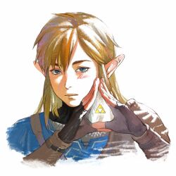 Rule 34 | 1boy, aizheajsee, arm guards, armor, black gloves, blonde hair, blue eyes, blush, champion&#039;s tunic (zelda), closed mouth, fingerless gloves, gloves, hair down, hands up, highres, link, looking at viewer, male focus, medium hair, nintendo, own hands together, pointy ears, portrait, shoulder armor, simple background, solo, swept bangs, the legend of zelda, the legend of zelda: breath of the wild, triforce, white background