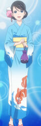 Rule 34 | 1girl, alternate hairstyle, amanchu!, bag, black hair, blue background, blue eyes, dot nose, fish, highres, holding, holding bag, japanese clothes, kimono, long sleeves, medium hair, ooki futaba, open mouth, sandals, solo, standing, stitched, third-party edit, yukata