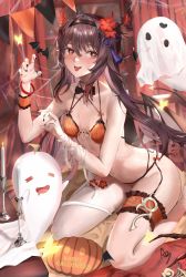 Rule 34 | 1girl, a-by, absurdres, bandages, bat wings, bead bracelet, beads, bikini, black nails, blush, bow, bowtie, bracelet, breasts, brown hair, closed eyes, flower, garter straps, genshin impact, ghost, hair flower, hair ornament, hairband, halloween, hat, highres, hu tao (genshin impact), jewelry, nail polish, open mouth, orange bikini, pumpkin, red eyes, seiza, sitting, small breasts, smile, solo, swimsuit, thighhighs, tongue, tongue out, top hat, white thighhighs, wings