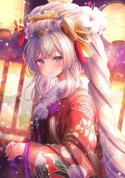 Rule 34 | 1girl, absurdres, blue eyes, closed mouth, curly hair, fate/grand order, fate (series), floral print, flower, grey hair, hair flower, hair ornament, hair stick, highres, japanese clothes, kimono, lantern, leaf print, long hair, looking at viewer, marie antoinette (fate), night, night sky, obi, obijime, paper lantern, pink tassel, red kimono, sash, signature, sky, smile, solo, totomiya, white flower, white kimono, wide sleeves