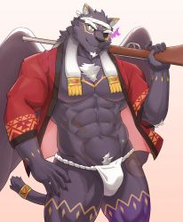 Rule 34 | 1boy, abs, absurdres, animal ears, bara, bulge, facial hair, feathered wings, feet out of frame, fundoshi, furry, furry male, goatee, gun, happi, head tilt, highres, holding, holding gun, holding weapon, jaguar boy, jaguar ears, jaguar tail, japanese clothes, large pectorals, long hair, male focus, mature male, muscular, muscular male, navel, navel hair, nipples, no pants, official alternate costume, one eye covered, over shoulder, pectoral cleavage, pectorals, smile, solo, stomach, tail, tezcatlipoca (housamo), thick eyebrows, thick thighs, thighs, tokyo houkago summoners, uiokv, weapon, weapon over shoulder, wings