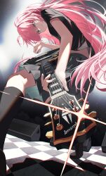 Rule 34 | absurdres, black shirt, black skirt, black socks, blue eyes, bocchi the rock!, checkered floor, closed mouth, commentary, cube, cube hair ornament, electric guitar, gibson les paul, gotoh hitori, guitar, hair ornament, highres, holding, holding instrument, instrument, long hair, music, nunsori, pink hair, playing instrument, plectrum, scenery, shirt, skirt, socks, sparkle