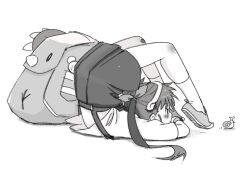 Rule 34 | 1girl, acrobatics, arched back, backpack, bag, bakemonogatari, blush, bow, commentary request, from side, full body, hachikuji mayoi, hair bow, hairband, itoma mahimahi, knee blush, looking at animal, lying, monochrome, monogatari (series), on stomach, pleated skirt, shirt, shoes, sidelocks, simple background, skirt, snail, snail girl, sneakers, socks, solo, stuffed animal, stuffed toy, suspender skirt, suspenders, teddy bear, toes up, twintails, white background, white shirt, white socks, wristlet