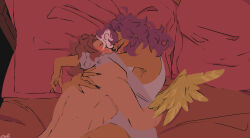 Rule 34 | 2boys, armpits, asexualkittyclaws, bare shoulders, bed sheet, black nails, blush, brown hair, closed eyes, crying, dark-skinned male, dark skin, dream smp, feathered wings, fingernails, grey shirt, highres, kiss, long fingernails, male focus, multicolored hair, multiple boys, on bed, purple hair, quackity, red sheet, scar, scar across eye, scar on arm, scar on back, scar on face, shirt, streaked hair, streaming tears, tears, topless male, white shirt, wilbur soot, wings, yellow wings