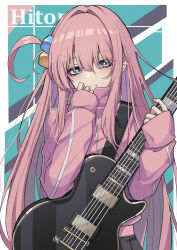 Rule 34 | 1girl, absurdres, black skirt, blue eyes, bocchi the rock!, character name, chinese commentary, commentary request, cube hair ornament, electric guitar, gibson les paul, gotoh hitori, guitar, hair between eyes, hair ornament, hair over eyes, hands up, highres, holding, holding instrument, instrument, jacket, light blush, long hair, long sleeves, looking at viewer, natsugou shinogi, one side up, open mouth, pink hair, pink jacket, pink nails, pleated skirt, skirt, sleeves past wrists, solo, standing, teeth, track jacket, upper body, very long hair