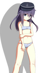 Rule 34 | 1girl, akatsuki (kancolle), anchor symbol, arm grab, bare arms, bare legs, bare shoulders, black hat, blue bra, blue eyes, blue panties, bow, bow bra, bow panties, bra, breasts, closed mouth, collarbone, eyes visible through hair, flat cap, hair over one eye, hat, head tilt, jii kooji, kantai collection, long hair, navel, panties, purple hair, simple background, small breasts, solo, standing, underwear, underwear only, wavy mouth, white background