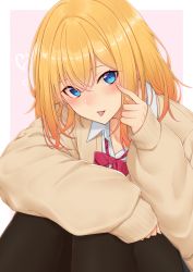 Rule 34 | 1girl, :p, absurdres, akanbe, arm on knee, blonde hair, blue eyes, bow, bowtie, cardigan, collared shirt, eyelid pull, hair between eyes, hand up, heart, highres, kirou (kiruyuu1210), knees up, light blush, looking at viewer, medium hair, original, red bow, red bowtie, shirt, sitting, sleeves past wrists, solo, tongue, tongue out, white shirt