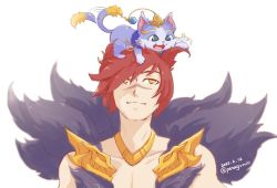 Rule 34 | 1boy, animal, animal ears, animal on head, bare shoulders, cat, cat ears, collarbone, dated, fur trim, league of legends, looking up, on head, petagumiii, red hair, scar, scar on face, sett (league of legends), short hair, simple background, smile, white background, yuumi (league of legends)