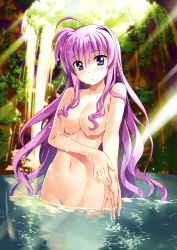 Rule 34 | 1girl, absurdres, ahoge, bathing, blush, breasts, collarbone, completely nude, eyes visible through hair, frown, fujima takuya, groin, hair between eyes, hair censor, hair over breasts, highres, kyrie florian, large breasts, light rays, long hair, looking at viewer, lyrical nanoha, mahou shoujo lyrical nanoha the movie 3rd: reflection, navel, nude, partially submerged, pink hair, purple eyes, solo, sunbeam, sunlight, very long hair, wading, water, wet