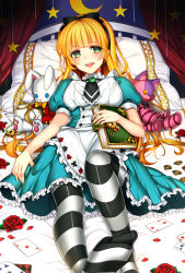 Rule 34 | 1girl, alice (alice in wonderland), alice (alice in wonderland) (cosplay), alice in wonderland, apron, bed, blonde hair, blush, book, bow, button eyes, buttons, card, cheshire cat (alice in wonderland), clock, cosplay, curtains, dress, flower, green eyes, hair bow, highres, lock, long hair, lying, mi (liki1020), original, pantyhose, parted lips, pillow, playing card, ribbon, roman numeral, rose, solo, striped clothes, striped pantyhose, stuffed animal, stuffed toy, teapot, thighhighs, watch, white rabbit (alice in wonderland)