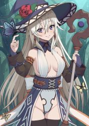 Rule 34 | 1girl, animal, animal ears, animal on hand, bare shoulders, black thighhighs, blue butterfly, blush, bridal gauntlets, bug, butterfly, butterfly on hand, closed mouth, detached sleeves, earrings, fagi (kakikaki), floating hair, flower, flying, forest, gloves, hair between eyes, hair flower, hair ornament, hat, holding, holding staff, insect, jewelry, leotard, light rays, long hair, nature, original, outdoors, purple eyes, purple gloves, purple hat, red flower, red rose, rose, smile, staff, thighhighs, tree, white leotard, witch hat, yellow butterfly