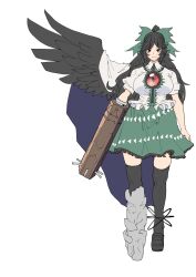 Rule 34 | 1girl, arm cannon, asymmetrical footwear, atom, bird wings, black hair, black thighhighs, black wings, blush, bow, breasts, brown eyes, buttons, cape, closed mouth, collared shirt, commentary request, control rod, frilled shirt, frilled shirt collar, frilled skirt, frills, full body, green bow, green skirt, hair bow, highres, konoshita kiyomasa, large breasts, long hair, looking at viewer, mismatched footwear, puffy short sleeves, puffy sleeves, reiuji utsuho, shirt, shoes, short sleeves, simple background, single shoe, single wing, skirt, smile, solo, thighhighs, third eye, touhou, weapon, white background, white cape, white shirt, wings