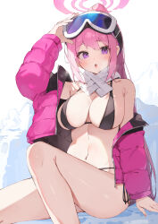 Rule 34 | 1girl, absurdres, bikini, black bikini, blue archive, blush, breasts, eimi (blue archive), eimi (swimsuit) (blue archive), feet out of frame, goggles, goggles on head, halo, highres, jacket, large breasts, long hair, long sleeves, looking at viewer, navel, official alternate costume, open clothes, open jacket, open mouth, pink hair, pink halo, pink jacket, ponytail, purple eyes, scarf, solo, swimsuit, taht (that is mm), white scarf