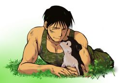 Rule 34 | 1boy, alaskan klee kai, animal, black footwear, black hair, camouflage, camouflage shirt, closed mouth, collarbone, dirty, dirty clothes, dirty face, dog, closed eyes, facing viewer, fingernails, fullmetal alchemist, grass, green pants, green tank top, hair strand, happy, leaf, licking, licking another&#039;s face, lying, male focus, military, military uniform, muscular, muscular male, on ground, on stomach, pants, pectorals, roy mustang, scratches, shirt, shoes, simple background, smile, spiked hair, tank top, tongue, tongue out, uniform, urikurage, white background