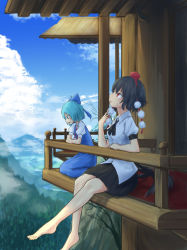 Rule 34 | 2girls, balcony, barefoot, black hair, black skirt, black wings, blue eyes, blue hair, bow, cirno, cloud, collared shirt, day, dress, elbow rest, feet, foot dangle, from side, hair bow, hat, ice, ice wings, looking afar, looking down, looking up, low wings, mountain, multiple girls, neck ribbon, pleated skirt, pom pom (clothes), puffy short sleeves, puffy sleeves, railing, red eyes, ribbon, roke (taikodon), shameimaru aya, shirt, short hair, short sleeves, skirt, sky, toes, tokin hat, touhou, wings