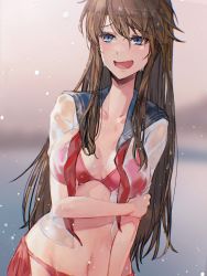 Rule 34 | 1girl, bad id, bad pixiv id, bikini, bikini under clothes, blue eyes, blush, breasts, brown hair, commentary request, highres, idolmaster, idolmaster million live!, large breasts, long hair, looking away, messy hair, navel, open clothes, open mouth, pos (shiratama-ya), red bikini, school uniform, see-through, serafuku, solo, swimsuit, swimsuit under clothes, tokoro megumi, wet, wet clothes, wet hair