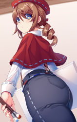 Rule 34 | 1boy, ass, blush, brown hair, capelet, curly hair, edgar valden, from below, from side, green eyes, hat, htkku, huge ass, identity v, long hair, looking at viewer, paintbrush, pants, skin tight, solo, tight clothes, tight pants