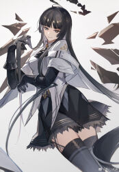 Rule 34 | 1girl, ahoge, arknights, artist name, ascot, belt, belt buckle, black ascot, black belt, black garter straps, black gloves, black hair, black halo, black skirt, black sleeves, blunt bangs, breasts, broken halo, brown wings, bu uqk, buckle, chinese commentary, closed mouth, collared jacket, colored inner hair, commentary request, dark halo, detached wings, dutch angle, energy wings, eyelashes, feet out of frame, floating hair, garter straps, gloves, grey eyes, grey hair, grey shirt, grey thighhighs, hair flowing over, halo, hand up, head tilt, highres, holding, holding hair, jacket, layered sleeves, light smile, long hair, long sleeves, looking at viewer, medium breasts, miniskirt, mole, mole under eye, multicolored hair, pale skin, shadow, shirt, short over long sleeves, short-sleeved jacket, short sleeves, sidelocks, simple background, skirt, solo, standing, straight hair, strap, thighhighs, thighs, two-tone hair, very long hair, virtuosa (arknights), watermark, weibo logo, weibo watermark, white background, white jacket, wide sleeves, wing collar, wings, yellow pupils, zettai ryouiki