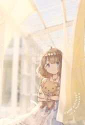 Rule 34 | 1girl, ahoge, blue eyes, blue sky, blurry, blurry background, brown hair, character name, commentary, curtains, dated, day, dress, glass ceiling, glass door, glass wall, happy birthday, head wreath, highres, holding, holding stuffed toy, idolmaster, idolmaster million live!, jewelry, kinarurikinari, looking at viewer, medium hair, necklace, official alternate costume, sidelocks, sky, sleeveless, sleeveless dress, smile, solo, stuffed animal, stuffed toy, suou momoko, teddy bear, wavy hair, white dress, wind, wristband