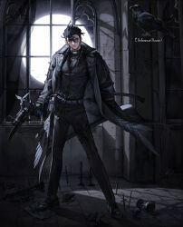 Rule 34 | 1boy, absurdres, bird, black coat, black hair, black pants, black shirt, coat, commentary, crow, earrings, english commentary, feathers, full body, hair between eyes, highres, holding, holding weapon, indoors, jewelry, knife, male focus, night, original, pants, personification, rinotuna, shadow, shirt, short hair, solo, standing, tile floor, tiles, weapon, window, wings