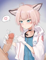 Rule 34 | 1boy, 1girl, absurdres, ahoge, anger vein, animal ears, arknights, blue eyes, blue vest, blush, closed mouth, coat, collarbone, commentary, english commentary, extra ears, flat chest, fox ears, fox girl, gloved handjob, gloves, handjob, hetero, highres, hood, hood down, hooded coat, material growth, oripathy lesion (arknights), pink hair, short hair, speech bubble, spoken anger vein, sussurro (arknights), twitching penis, uncensored, variant set, vest, white coat, white gloves, wuoo48763