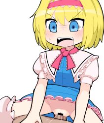 Rule 34 | 1boy, 1girl, alice margatroid, bar censor, blonde hair, blue dress, blue eyes, blush, bow, bowtie, breasts, censored, clothed sex, commentary, cookie (touhou), cowboy shot, dress, frilled dress, frilled sash, frills, hairband, hetero, hospital king, ichigo (cookie), medium bangs, open mouth, penis, pink bow, pink bowtie, pink hairband, pink sash, pov, pussy, sash, sex, short hair, simple background, small breasts, solo focus, textless version, touhou, v-shaped eyebrows, vaginal, white background