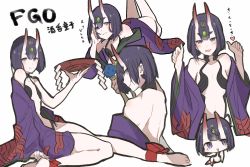 Rule 34 | 1girl, alcohol, bad id, bad twitter id, bare shoulders, blush, breasts, chibi, cup, fate/grand order, fate (series), highres, horns, japanese clothes, kimono, looking at viewer, multiple views, nari, navel, oni, open mouth, purple eyes, purple hair, sakazuki, sake, short hair, shuten douji (fate), shuten douji (first ascension) (fate), simple background, skin-covered horns, small breasts, smile, teshima nari