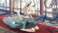 Rule 34 | 1girl, black skirt, commentary request, dragon, dragon girl, dragon horns, dragon tail, eastern dragon, flat chest, highres, horns, indoors, koebushi (mat), looking at viewer, necktie, original, pointy ears, red necktie, round eyewear, short hair, sitting, skirt, socks, solo, tail, wand, wariza, white hair, white socks, yellow eyes