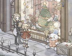Rule 34 | 1boy, 1girl, albedo (genshin impact), bag, baguette, bauble, black gloves, black pants, blonde hair, blue eyes, blush, boots, bread, brown footwear, chibi, christmas, christmas garland, christmas ornaments, christmas tree, closed mouth, coat, commentary, dodoco (genshin impact), doll, door, dress, excited, fence, food, full body, garland (decoration), genshin impact, gift, gloves, highres, holding, holding bag, hood, hooded coat, klee (genshin impact), lantern, looking at another, looking inside, open mouth, outdoors, pants, paper bag, pointy ears, red dress, shionosuke, short hair, short twintails, sign, smile, snow, snowman, stool, storefront, string of flags, stuffed animal, stuffed penguin, stuffed toy, teddy bear, twintails, white coat, wooden box