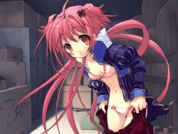 Rule 34 | 1girl, bra, dressing, game cg, ito noizi, lingerie, long hair, momose hikaru, open clothes, open shirt, panties, peace@pieces, pink hair, red eyes, shirt, solo, underwear