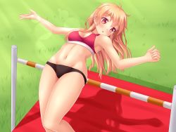 Rule 34 | 1girl, armpits, artist self-insert, bare arms, bare shoulders, bikini, blonde hair, blush, breasts, buruma, cleavage, day, from above, grass, groin, high jump, highres, lens flare, light rays, long hair, looking away, looking back, navel, nottytiffy, open mouth, original, outdoors, outstretched arms, red eyes, shadow, shiny skin, sideboob, sleeveless, small breasts, solo, sports bikini, sportswear, spread arms, sunbeam, sunlight, swimsuit, tiffy (nottytiffy), track uniform